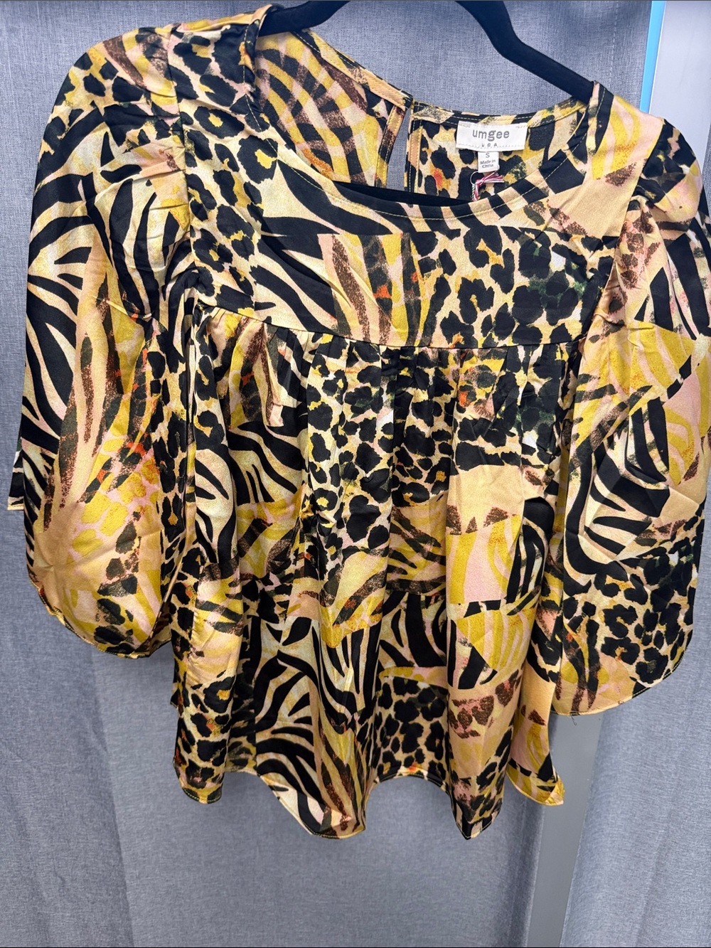 Umgee Yellow Multi Animal Print Peasant Blouse